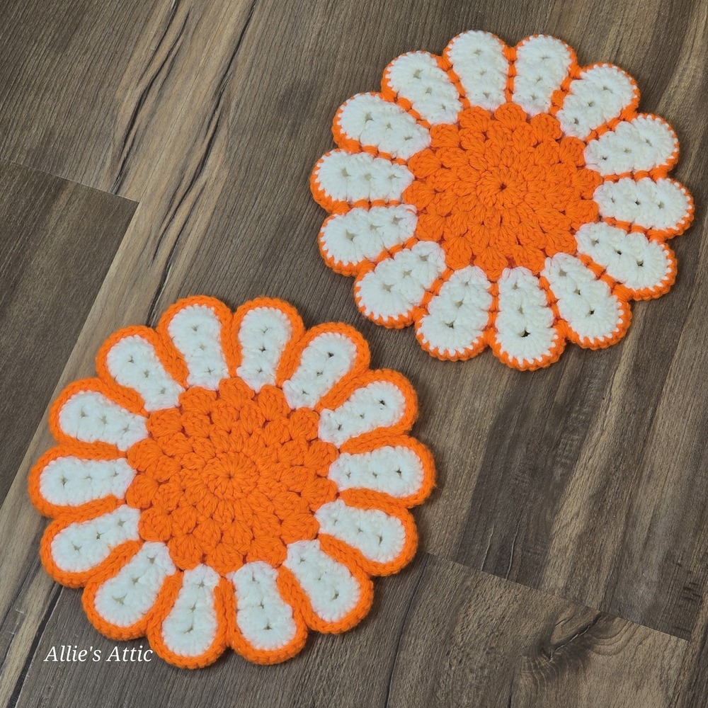 2 Vintage Handmade Crochet Flower Potholders Orange White Granny Farmhouse 10"
